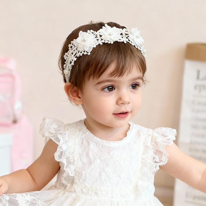 Baby Girls Hairband White Bow Lace Headbands Handmade Soft Stretchy Wide Head Band Newborn Hairbands with Bows Pearls Elastic Headband for Infant Hair Accessories（Five Pearl Flowers）