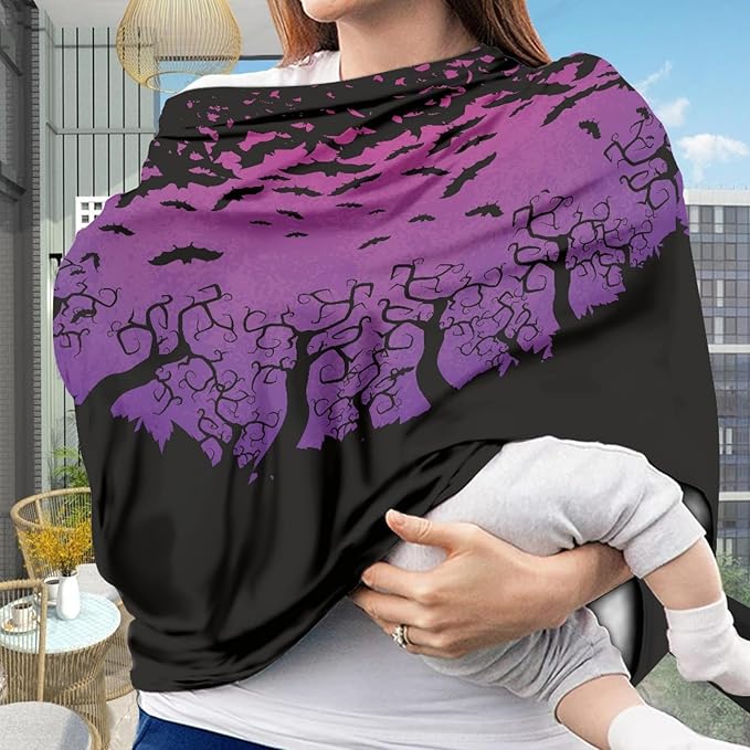 Coldinair Purple Sunset Bat Print Nursing Cover Multi Use Car Seat Stroller Cover Canopy Covers for Breastfeeding Branch Pattern Nursing Scarf Shopping Cart Covers