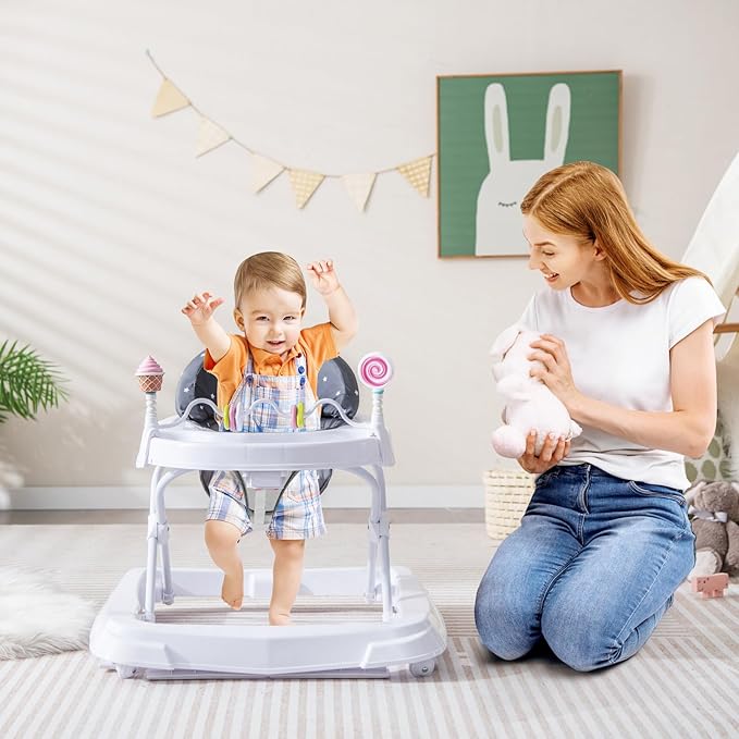 HONEY JOY Baby Walker, Foldable Toddler Walker with Toys, Push Walker for Boys and Girls, Adjustable Height, High Back Padded Seat, Infant Activity Walker with Wheels (Gray)