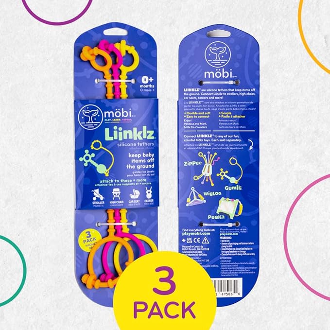 Mobi Liinklz Silicone Tethers - Flexible and Soft Toy Straps for Baby, Stroller Toy Safety Straps and Easy to Connect Baby Toy Holder - for Infants 0+ Months, Vibrant Colors (Pack of 3)