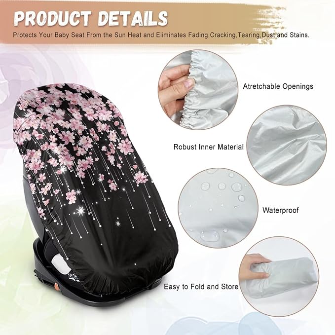 Baby Car Seat Sun Shade Cover, Infant Auto Seats Heat Protector Keeps Baby's Carseat at Cooler Temperature, Blocks Out Heat & Sun UV Covers, Universal Baby Travel Accessories, Cherry Blossom