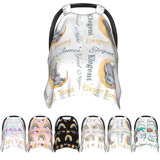 Personalized Baby Name Car Seat Covers for Girls, Nursing Custom Elephant Carseat Canopy for Babies Boy Winter Breastfeeding Cover Car Seat Canopies for Newborn Infant Toddler