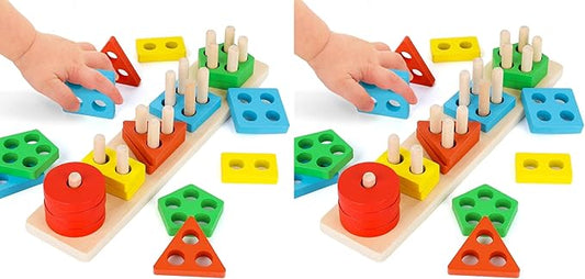 LovesTown Stacking and Sorting Learning Puzzles, Montessori Wooden Sensory Toys for Toddlers, 20 PCS (Pack of 2)