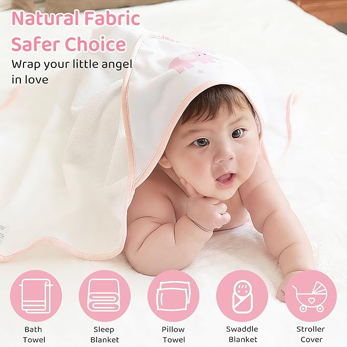 Mooreeke Baby Towel with Hood for Girls Pink Elephant Bath Towel for Babies Ultra Soft Absorbent 3 PCS Baby Towels and 3 PCS Washcloths for Newborn Essentials