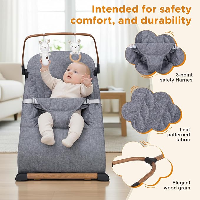 Portable Baby Bouncer, Bouncer Seat for Babies 0-12 Months, 3 Recline Positions, Foldable Baby Rocker Chair with Removable Wooden Bar, Gray