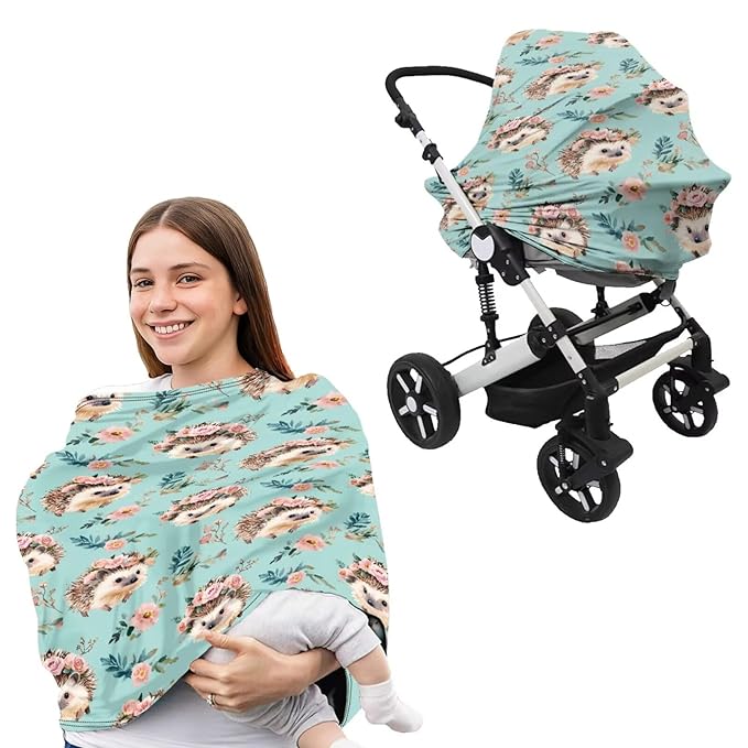Mint Green Carseat Canopy Floral Hedgehogs Multi-use Breastfeeding Scarf Newborn Breastfeeding Pillow Slipcover Detachable Nursing Pillow Protective