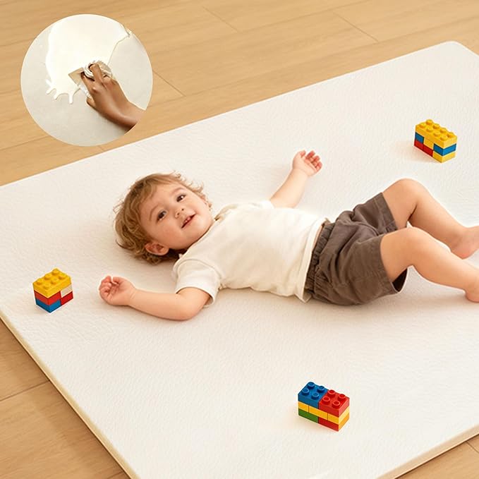 PU Leather Baby Play Mat for Floor, 74"×50" Playpen Mat, 1.3" Thick Elasti-Foam, Non-Slip Crawling Mat for Tummy Time, Waterproof & Wipe-Clean Playmat for Toddler,Infant, Kids (Beige)