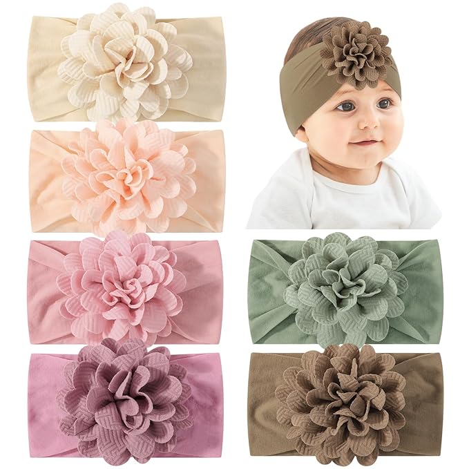 jollybows 6pcs Baby Girls Flower Hair Headbands Nylon Hair Bands Elastic Hair Accessories for Newborn Kids Infants Toddlers Light Color