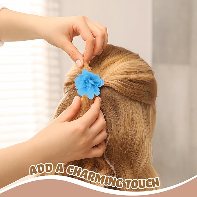 24 PCS 2" Chiffon Flower Hair Bows Clips Artificial Fabric Flower Tiny Baby Hair Clips Fine Accessories for Women Girls Kids (Light blue)