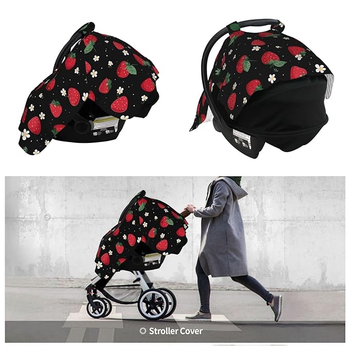 KiuLoam Strawberry Floral On Black Baby Car Seat Canopy, Nursing Cover for Mom Breastfeeding Scarf, Infant Car Seat Cover/Multiuse Baby Stroller Covers for Babies Boys Girls