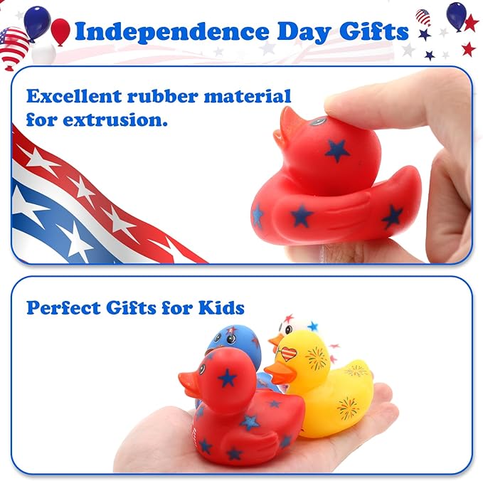 4th of July Rubber Ducks for Jeeps Ducking 24PCS Bulk Fourth of July Party Favors for Kids Bath Toys Pool Floater Patriotic Blue White Red Ducks Independence Day Gifts Boys Girls Baby Showers Favors