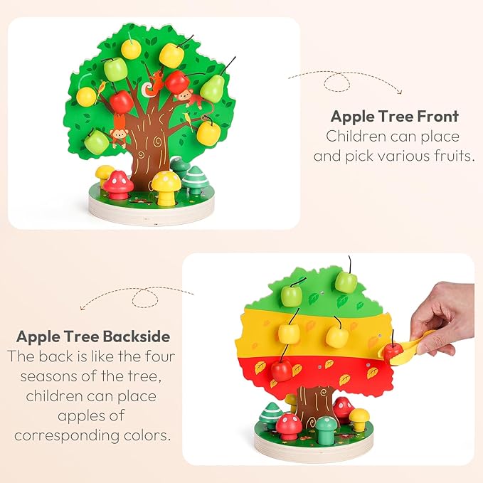 Woodtoe Toddler Fine Motor Skill Toys, Montessori Wooden Sensory Toys for Toddlers 3 4 5 6 Year Old, Apple Picking Magnetic Tree Toy, Color Sorting and Matching Game, Educational Learning Gift for Kid