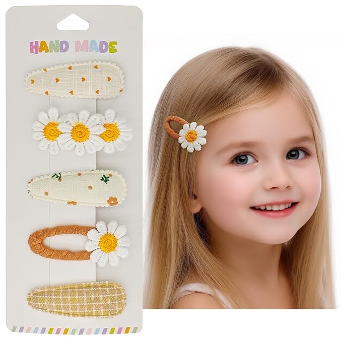 Baby Hair Clips & Toddler Hair Clips 5-Piece Set - 4 Snap Barrettes & 1 Fabric Duckbill Clip, Fresh Meadow Floral Design in Beige & Yellow - Enhance Your Child's Natural Beauty