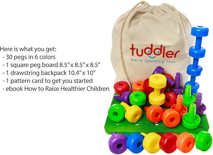 Toddler Peg Board Sensory Montessori Fine Motor Skills Educational Toys - 30 Stackable Pegs + Pattern Card + Drawstring Backpack + E-Book