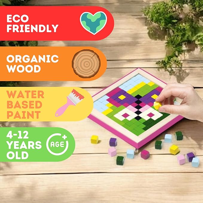 CUBIKA Mosaic Wooden Pixels – Montessori Puzzle for Toddlers – 250-Piece Wooden Puzzles for Toddlers– Educational Travel-Friendly Kids Puzzles Ages 2-4 – FSC Wood, German Water-Based Paints