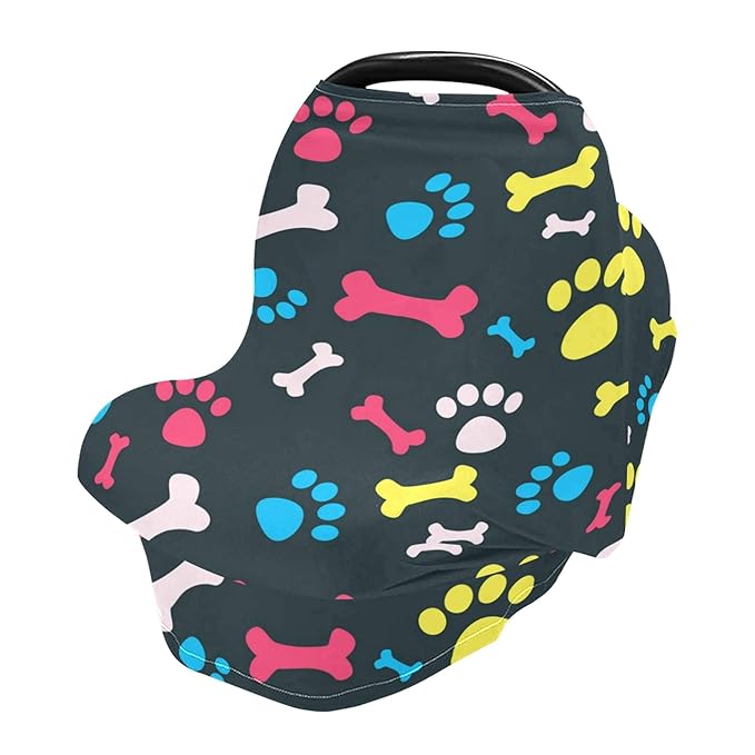 Colorful Dog Paw Print Bone Pet Animal Design Stretchy Baby Car Seat Cover Infant Canopy Nursing Covers Breastfeeding Cover Breathable Windproof Winter Scarf for Boys Girls