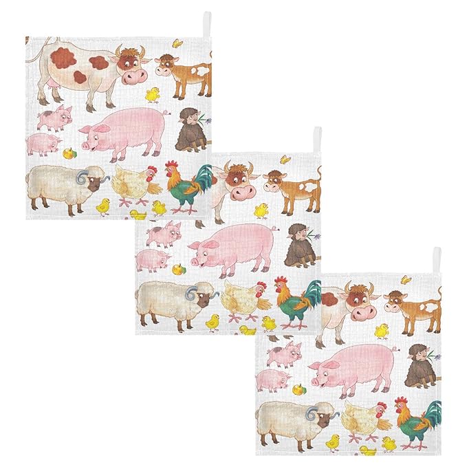 Cow Pig Sheep Chick Burp Cloths for Boys Girls, 3 Pack Farmhouse Animals Muslin Washcloths, Newborn Face Bath Towel, Soft Absorbent Cotton Wash Cloth, Baby Registry, 12 x 12 Inch