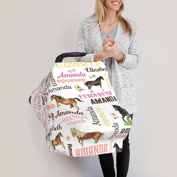 Personalized Baby Car Seat Cover for Girls, Custom Floral Horse Nursing Covers for Breastfeeding with Name, Infant Stroller Cover, Baby Carseat Canopy for Newborn, Multiuse Car Seat Canopies