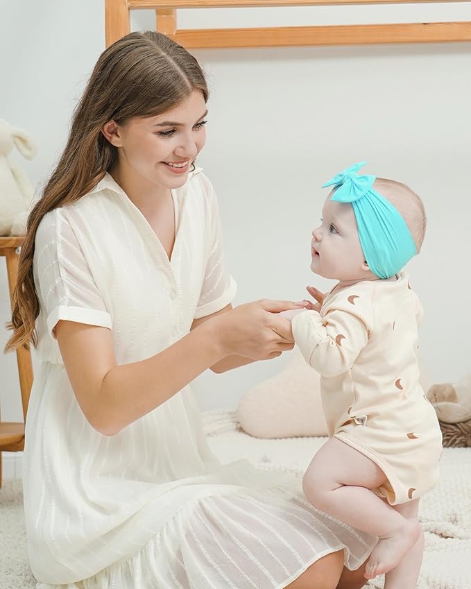 jollybows 12pcs Baby Nylon Headbands With Bow Elastic Hairband For Girls Newborn Infant Toddlers Kids Hair Accessories- Soft Light Color Set