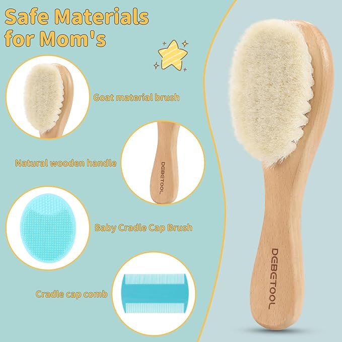 DEBETOOL Cradle Cap Brush and Comb Set with Baby Hair Brush - 3-Piece Wooden Baby Brush Kit for Newborns and Infants