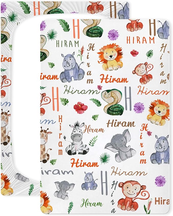 Personalized Mini Crib Mattress Fitted Sheets with Name, Customized Monogram Pack N Play Sheets for Baby Boys, Pack and Play Sheets Fitted, Stretchy Play Yard Sheets Playpen Sheet, Cute Animal