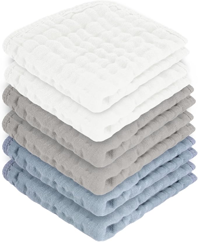 MIGIOL Baby Washcloths 100% Cotton Size is 12x12 inches. Lightweight, Portable, and Ideal for use at Home or on The go. (White & Grey 6 Pieces)