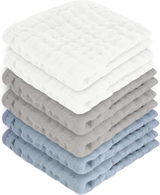 MIGIOL Baby Washcloths 100% Cotton Size is 12x12 inches. Lightweight, Portable, and Ideal for use at Home or on The go. (White & Grey 6 Pieces)