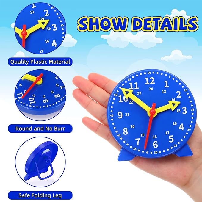 Batiyeer 24 Pcs Teaching Clock Kit for Kids to Tell Time Teaching Mini Geared Clock for Kids Basic Math Development Teacher and Classroom Supplies, 4 Inch (Dark Blue)