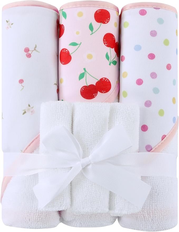 Viviland 6 Pcs Hooded Baby Towels and Washcloths Set, Super Gentle Bath Towels for Newborn Face & Body, Absorbent Wash Cloth for Infants Girls, Pink-Cherry Pattern, 28 x 28 inch