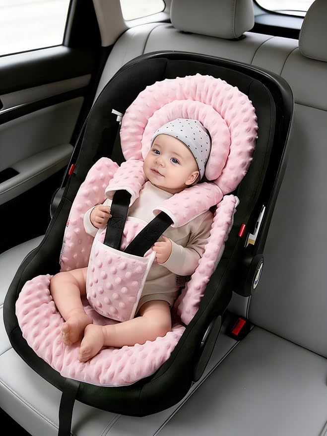 TinlyFinly Infant Car Seat Insert with Extra Cushion for Preemie to Toddler, Reversible Newborn Carseat Insert for Baby Head Body Support, Fits for Stroller, Baby Swing, Bouncer - Dots, Pink