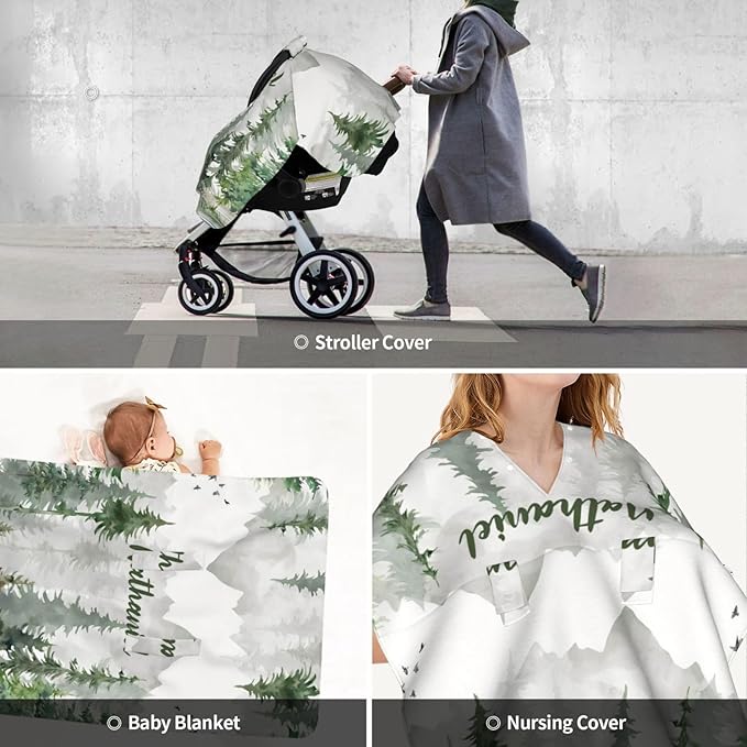 Mountain Custom Name Baby Car Seat Cover – Personalized Nursing Cover for Breastfeeding, Stroller Canopy, Privacy Infant Carseat Canopy, Soft Breathable Newborn Blanket for Boys Girls