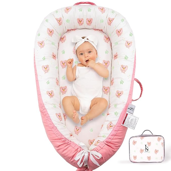 Baby Lounger for Newborn 0-24 Months – Ultra Soft Organic Cotton Infant Lounger – Reversible, Adjustable & Portable Baby Nest for Home & Travel – Soft, Breathable, Washable Cover by Leosole