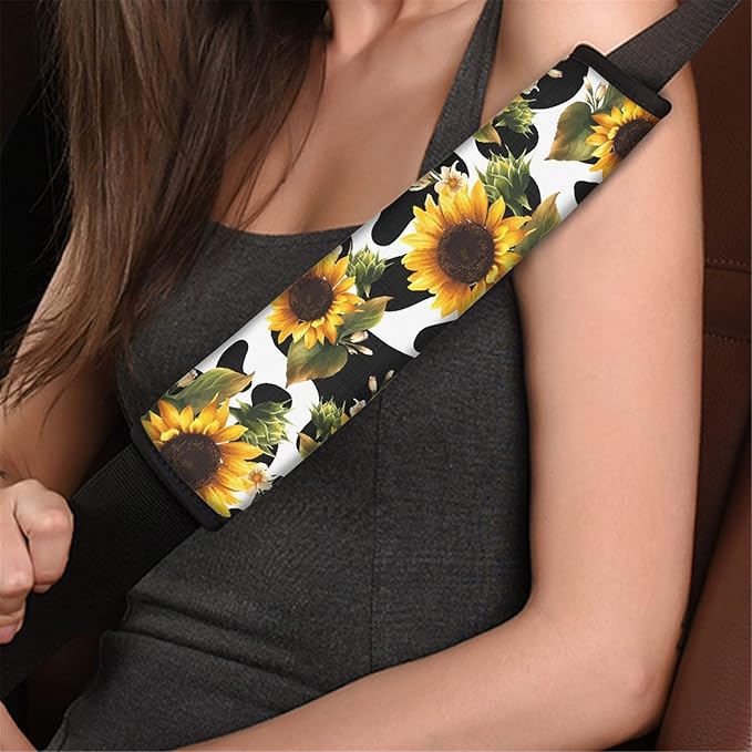 Biyejit Sunflowers Cow Print Seat Belt Cover 2 Packs for Women Soft Car Seat Belt Pad Cushion Shoulder Pads for Adults Kids