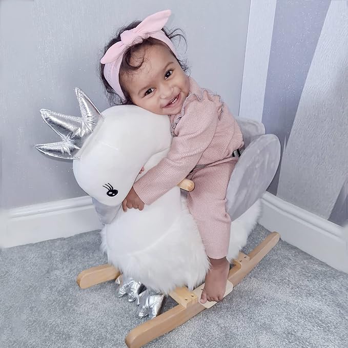 Qaba Rocking Horse, Kids Ride on Horse Swan Rocker with Sound, Plush Seat, Wooden Base, Safety Belt for Toddlers 18-36 Months, White