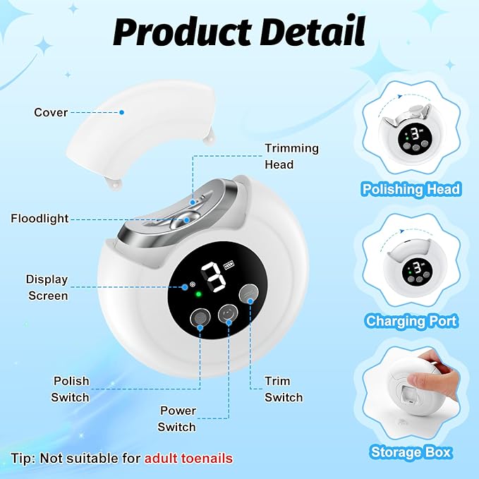 2-in-1 Electric Nail Clipper, Baby Nail Clipper with File & 3 Speed Gears, Baby Nail Trimmer Electric with LED Light & Storage Box, Automatic Nail Clippers for Baby, Adult, Seniors (White)