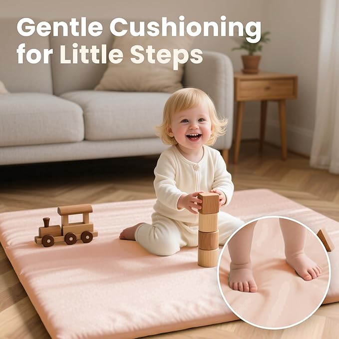 Huloo Sleep Baby Play Mat 50x50 Inches,1.3" Thick Padded Waterproof Floor Cushion & Playpen Mat with Vegan Leather,Non-Slip & Non-Toxic Nursery Rug for Infants, Toddlers & Kids(Pink)