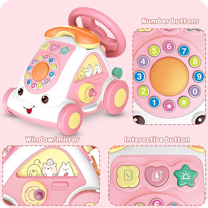 Toddler Toys for 1+ Year Old Girls - Music Toys Age 1-2 Learning Toys with Car/Sound/Music/Steering Wheel/Telephone/Lights Multi-Functional Car Early Educational Birthday Gift for Girl