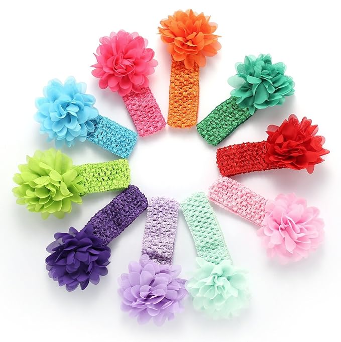 Baby Girls Headbands - Soft Elastic Hair Bands with 10 Lovely Colored Chiffon Flowers Hair-bows for Toddlers and Kids (10Pcs/pack, Chiffon Headbands)