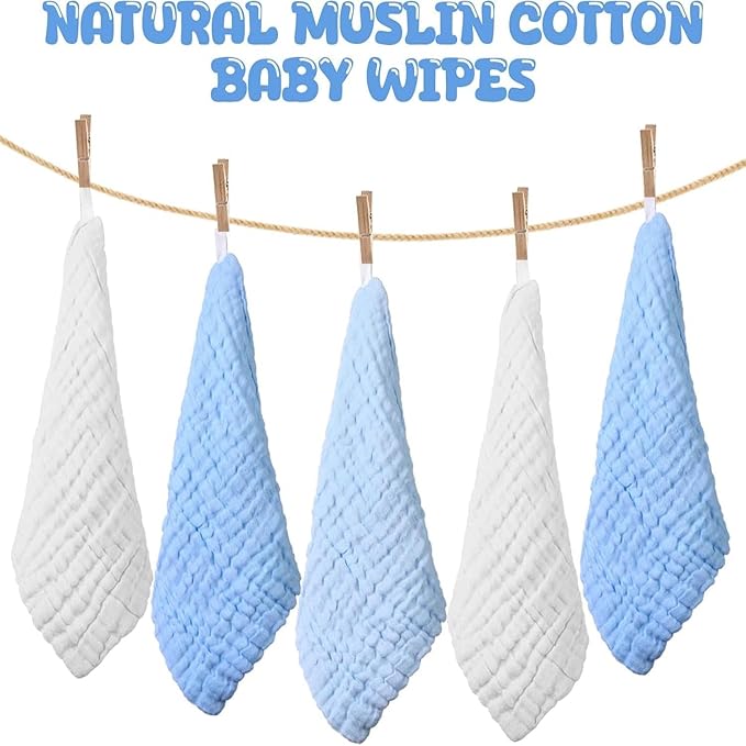 Chumia 30 Pcs Baby Muslin Washcloths Muslin Burp Cloths Baby Towel Natural Cotton Burp Cloths Wipes Soft Newborn Face Towel Absorbent for Face Bath Shower, 12 x 12'' (Light Blue, White, Blue)