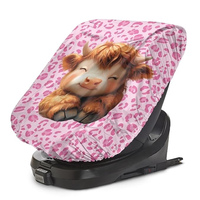 Car Seat Protector for Child Car Seat, Cute Highland Cow Car Seat Sun Cover for Baby, Pink Leopard Car Seats Heat Protector Keeps Your Toddler Baby Seat at a Cool Temperature