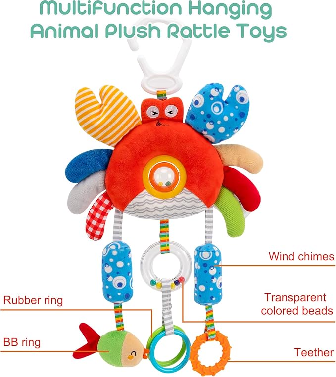 Crab Wind Chime Baby Car Seat Toy - Plush Stroller & Crib Hanging Toy with Teether, Squeaker, Portable Clip, Colorful Clear Rings for Sensory & Cognitive Development Hanging Toys