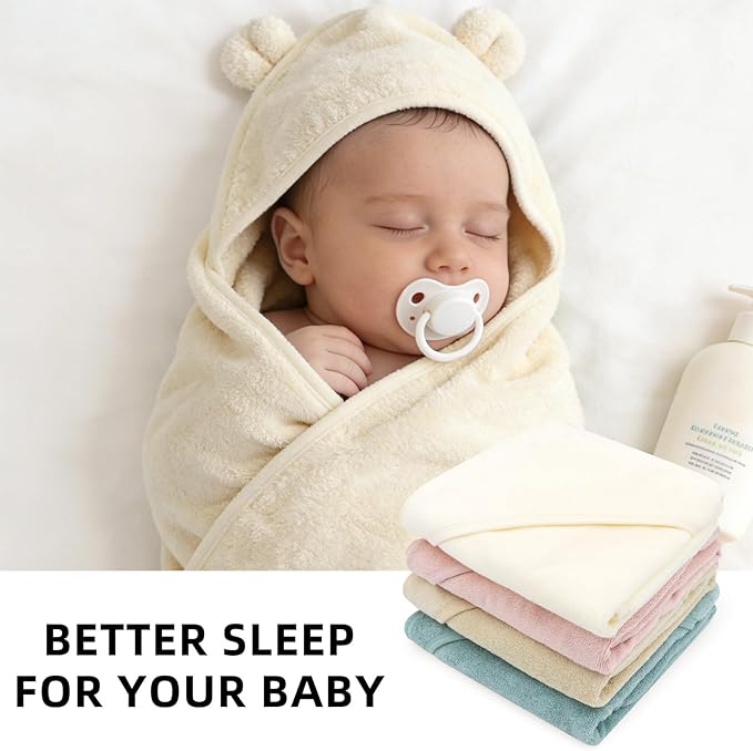 LifeTree 1 Pack Baby Hooded Towel with 1 Pack Washcloth for Newborn, 100% Cotton Bath Towel for Babies, Infant, Toddler and Kids, Thick,Soft and Absorbent, 30 * 30 Inches, Newborn Essentials, White