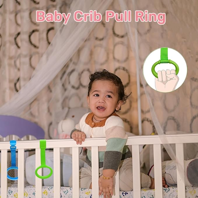 6PCS 4 Colors Baby Playpen Pull up Rings-Plastic Crib Pull Rings Walking Exercises Assistant Stand Up Cot Hanging Ring for Infant Baby Toddler