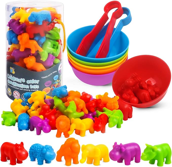 GKDOMS Counting Animals Toys Matching Game with Sorting Bowls Preschool Learning Activities Montessori Sensory Toy for Math Color Sorting, Party Favors Birthday Exchange Gifts for Toddlers