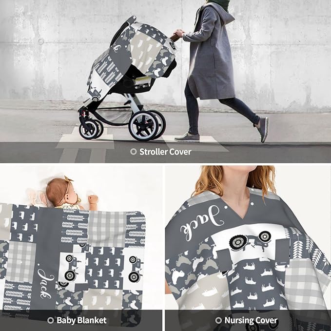 Personalized Baby Car Seat Canopy for Babies with Name, Custom Car Seat Covers for Boys and Girls, Infant Opening Minky Nursing Breastfeeding Stroller Cover Carseat Canopies for Newborn (Farm Theme)