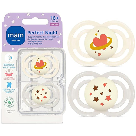 MAM Perfect Baby Pacifier 16+ Months, Extra Thin Nipple, Developed with Orthodontists, Clinically Proven, Glows in The Dark, BPA-Free Silicone, Pack of 2, Made in Europe