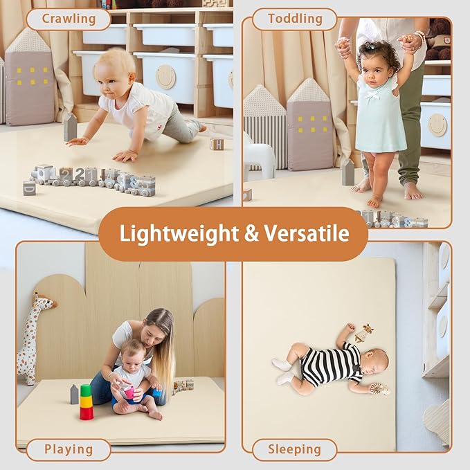Foam Play Mat for Baby: PU Leather Waterproof Kids Playmat - Beige Baby Play Mats for Floor - Thick Play Mat for Playpen Padded Playpen Mattress Soft Infant Mat for Preschool (Beige Foam mat)