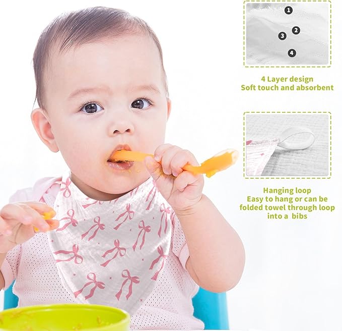 Bow Baby Washcloths Newborn Muslin Burp Cloths 3 Pack Soft Cotton Baby Face Bath Towel Drool Bibs for Infants, Girls and Boys 11.8 x 11.8 Inch