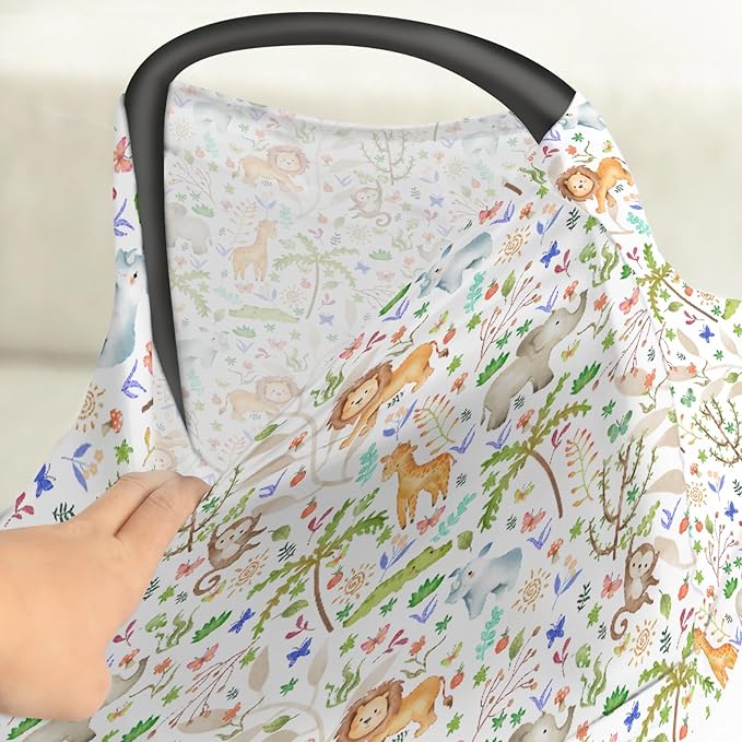 Boho Zoo Jungle Safari Car Seat Cover for Babies Zoo Animals Tropical Leaves Stretchy 5-in-1 Cover Adjustable Car Canopy Breastfeeding Cover Wildlife Adventure Breathable Nursing Cover-Up