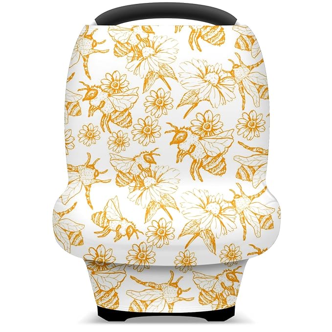 Baby Car Seat Stroller Covers Honey Bee Queen Collect Nectar Nursing Cover Breastfeeding Scarf Soft Breathable Stretchy Infant Car Canopy Coverage Carseat Cover for Boys and Girls Multi Use